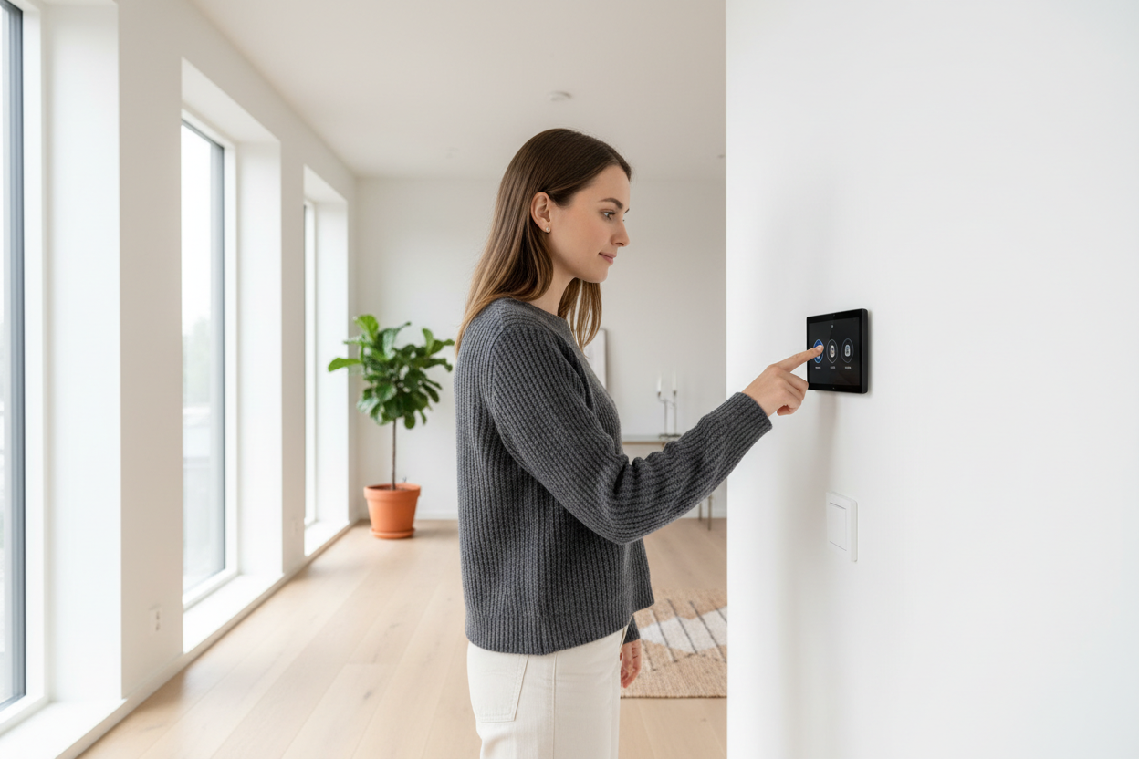 Woman using small 5-inch smart home panel in apartment