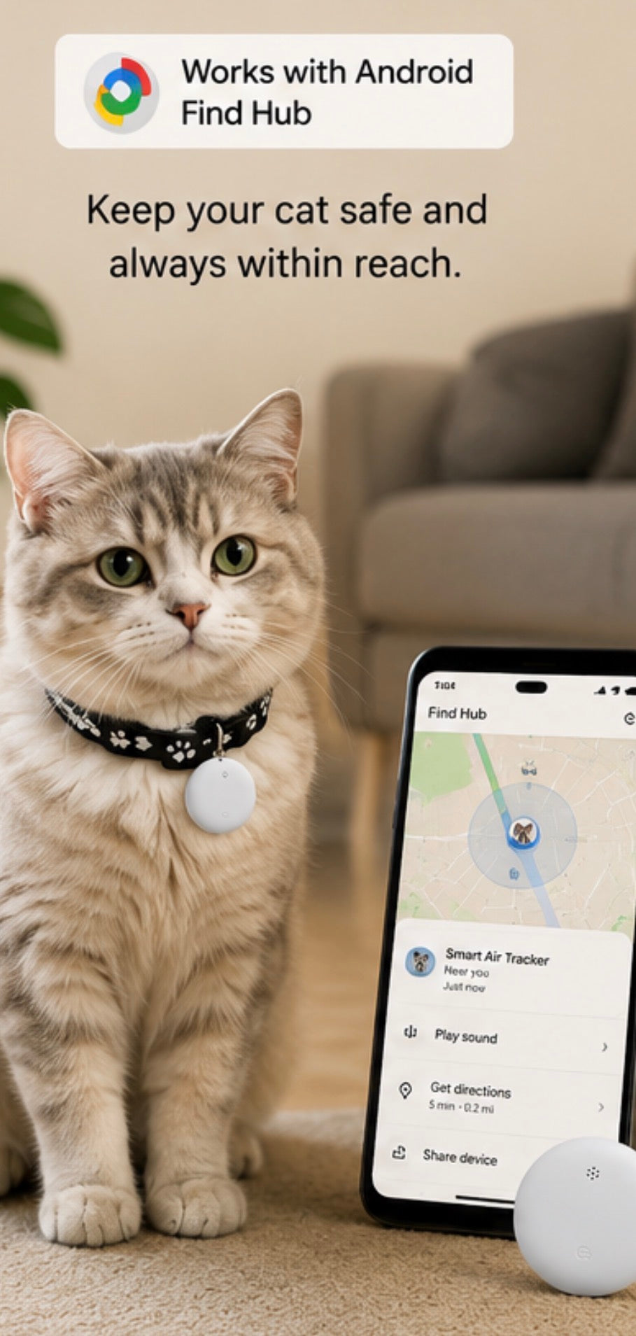 Cat Smart Tracking Collar Lightweight Waterproof Adjustable Works with Google Find Hub Bluetooth Anti Lost GPS Locator for Pet