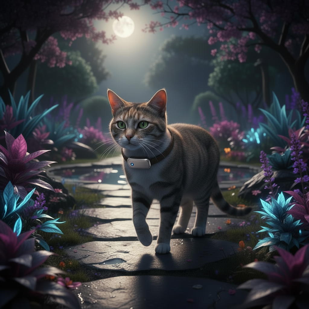 Cat Walking at Night with Tracking Collar