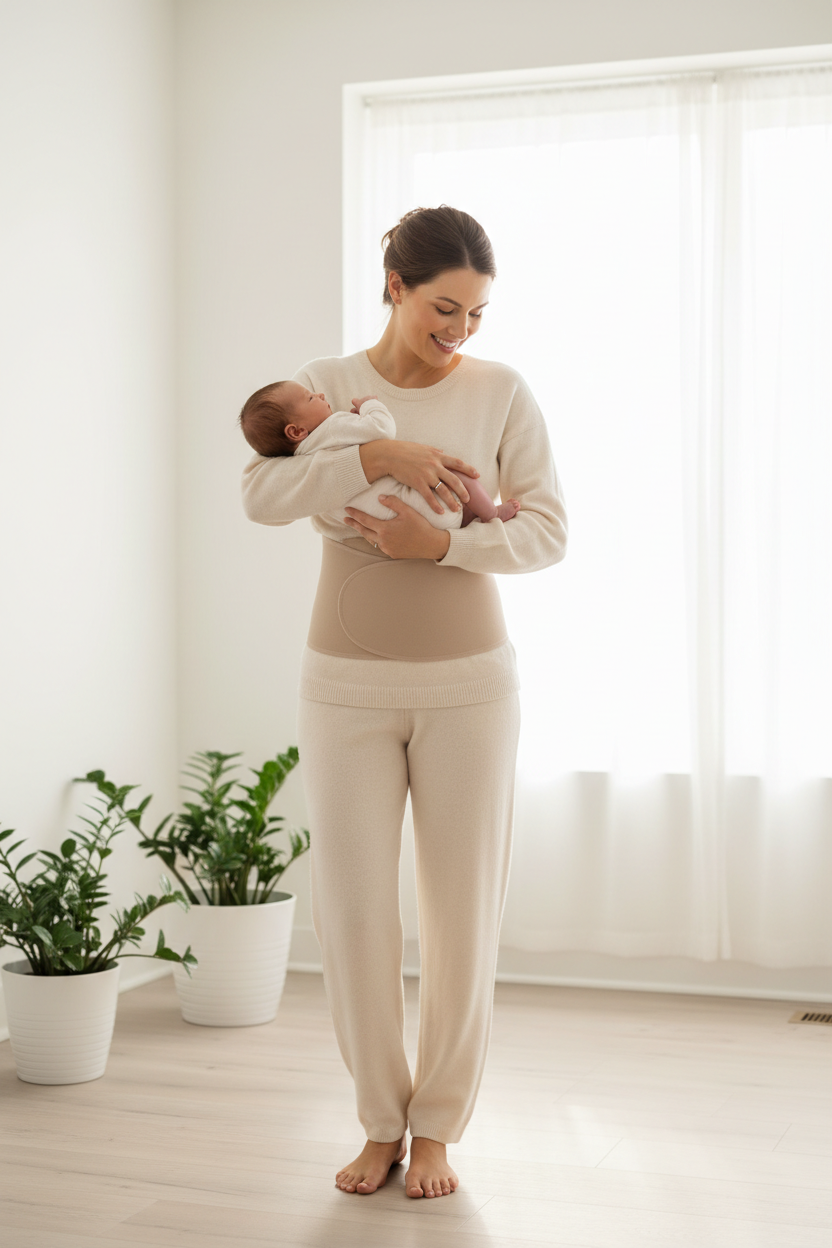 Full Body Standing Mum with Newborn Wearing Belly Belt