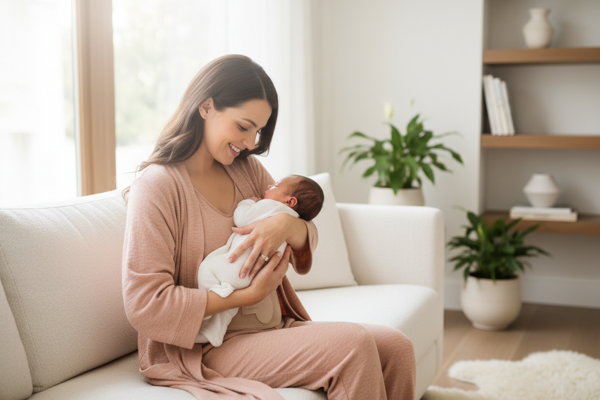 Happy Postpartum Customer with Newborn