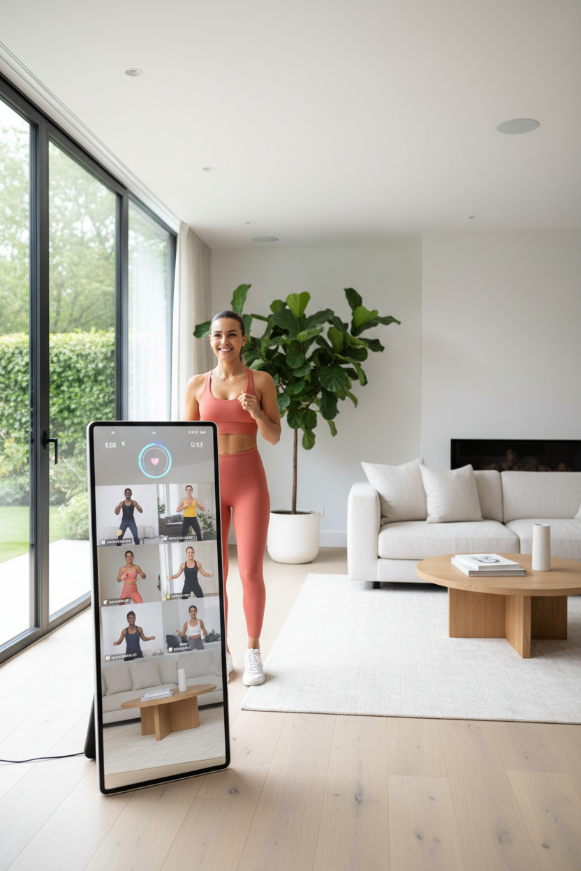 Happy woman using smart fitness mirror at home