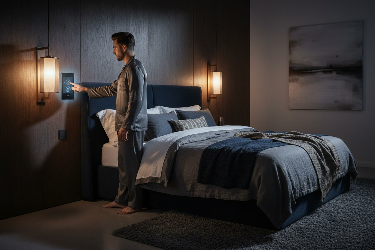 Man using smart home panel in bedroom at night