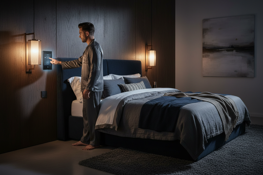 Man using smart home panel in bedroom at night