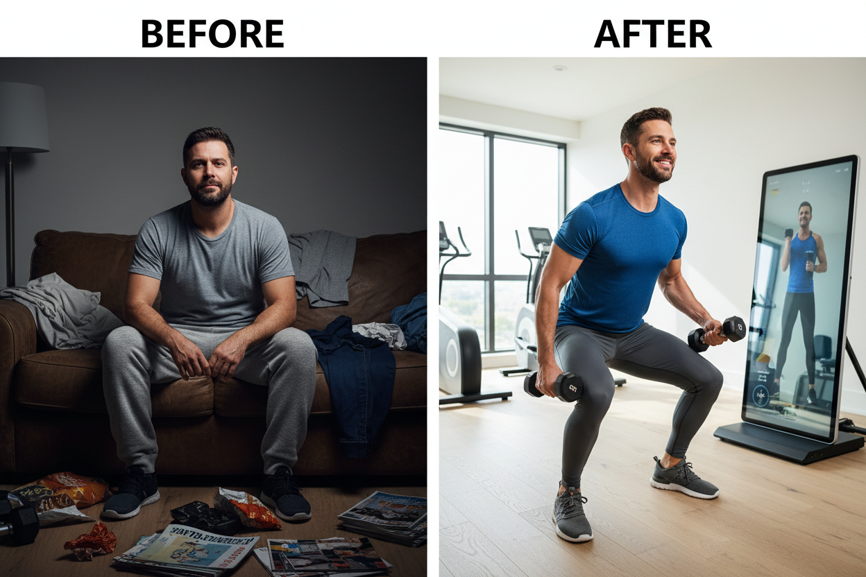 Same man before and after smart fitness mirror transformation