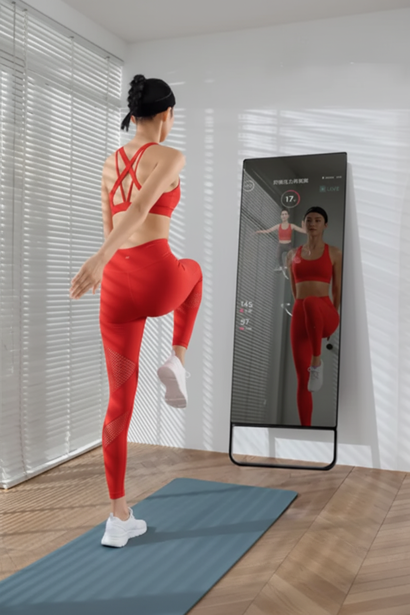 Woman doing high knee workout in front of smart fitness mirror