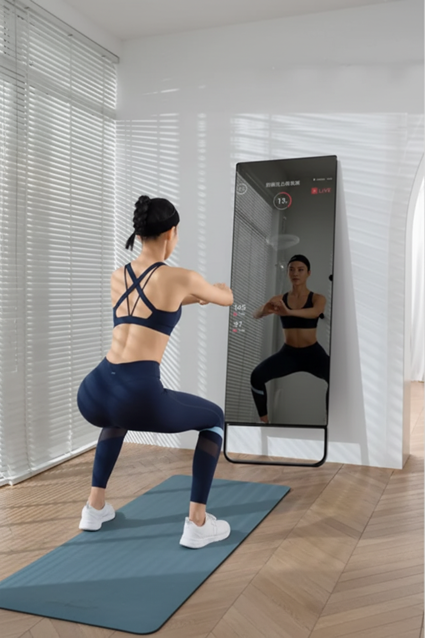Woman doing squat in front of smart fitness mirror