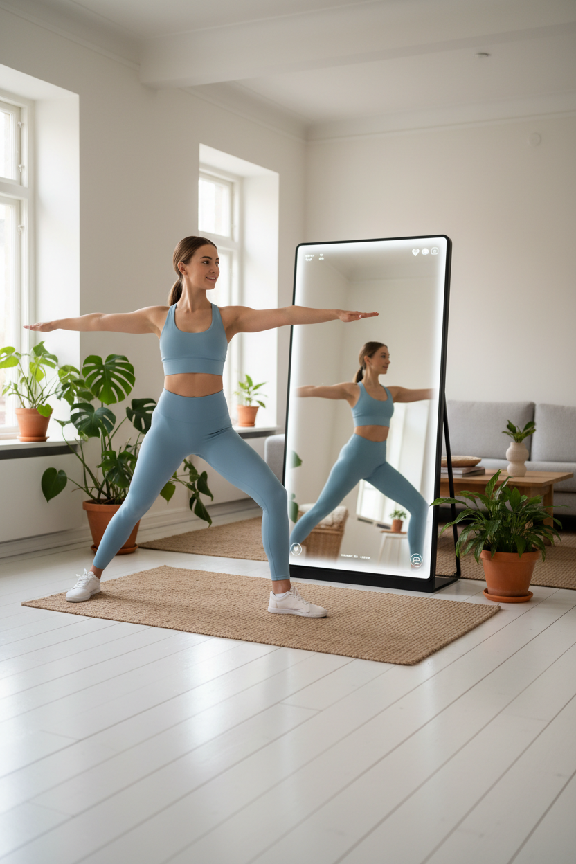 Woman doing yoga with large smart fitness mirror