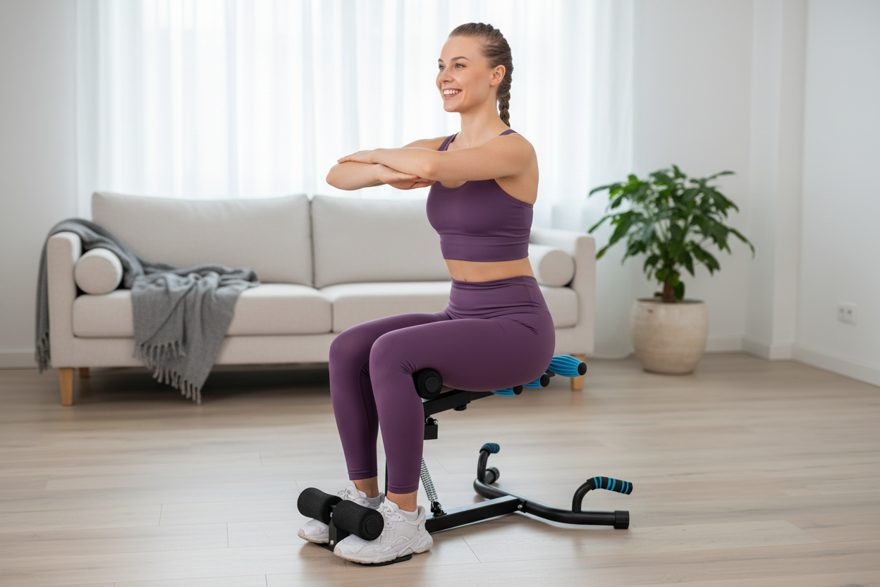 Woman in purple activewear on deep squat trainer