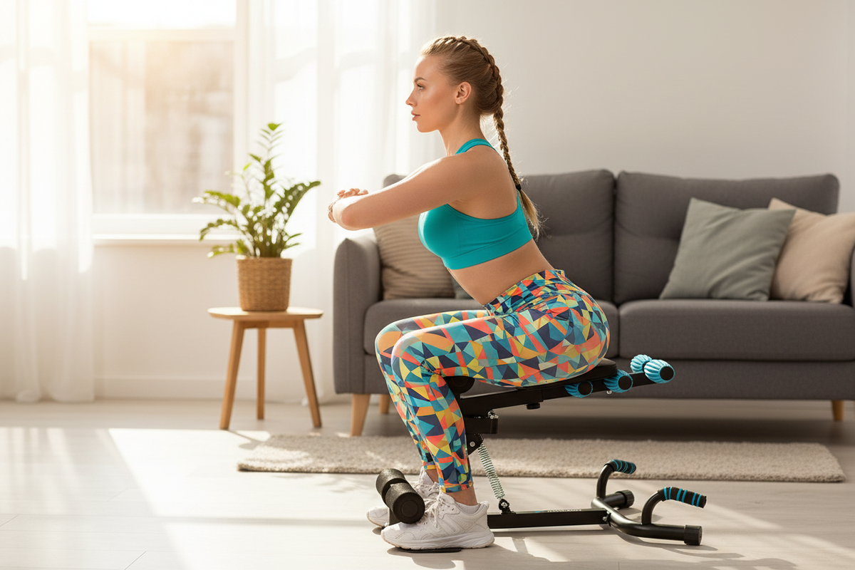 Woman side profile on deep squat core trainer